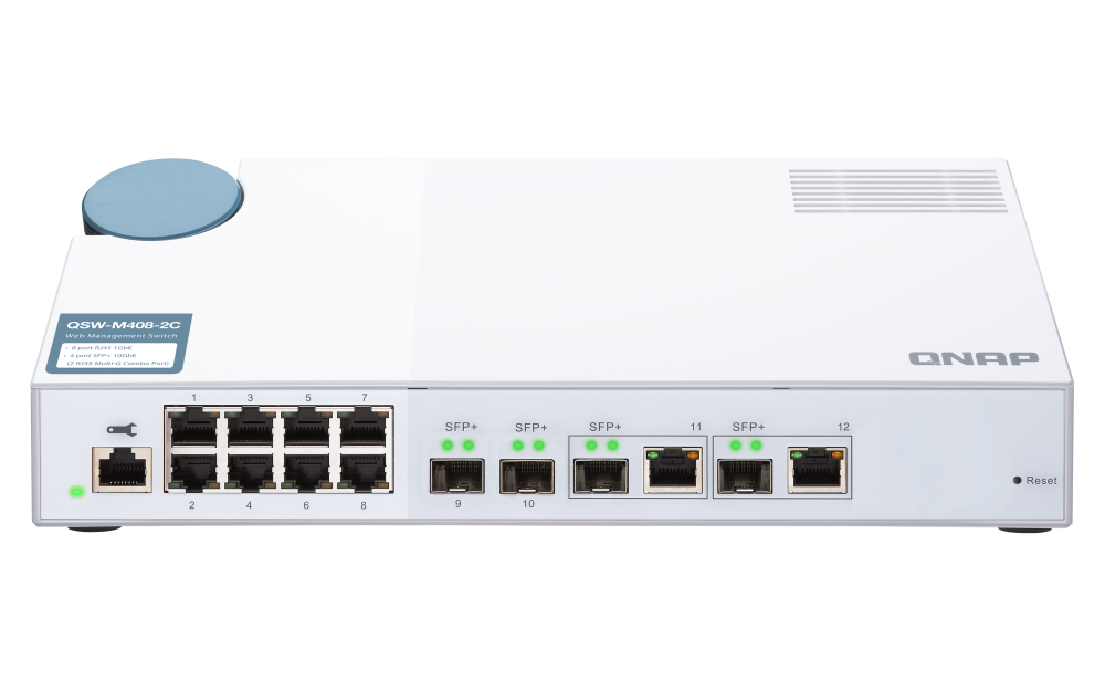 QNAP - QSW-M408-2C-US - QNAP QSW-M408-4C 12-port layer 2 managed switch. Eight 1GbE ports, two 10G SFP+ ports and Two 10G SFP+/ NBASE-T Combo Ports. Easy Management with Web Browser