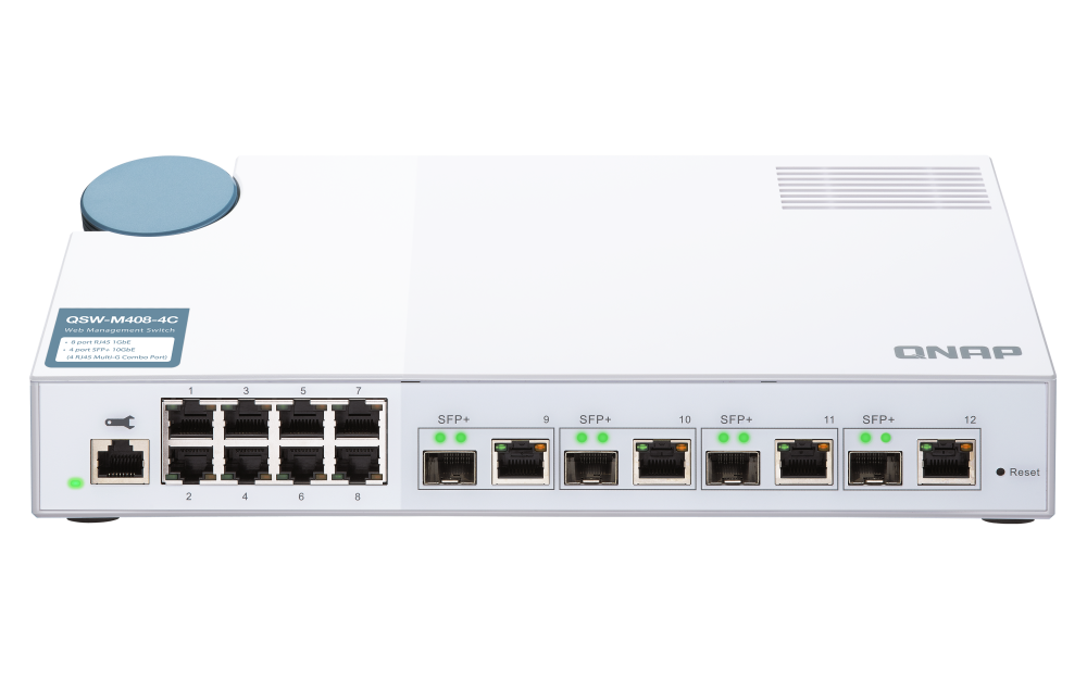 QNAP - QSW-M408-4C-US - QNAP QSW-M408-4C 12-port layer 2 managed switch. Eight 1GbE ports and four 10G SFP+/ NBASE-T Combo Ports. Easy Management with Web Browser