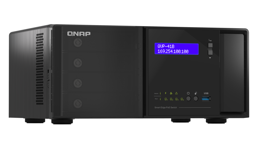 QNAP - QVP-41B-8G-P-US - QNAP 4 Bay NVR, 8CH (Max Channels: 24), VMS built-in, IP Surveillance, HDMI output for local display, 14 1GbE RJ45 PoE ports, 2  1GbE Combo SFP/RJ45 Combo Ports. 2 2.5 GbE RJ45 Port