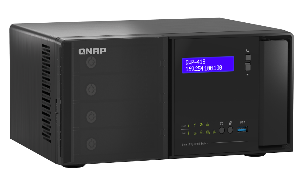 QNAP - QVP-41B-8G-P-US - QNAP 4 Bay NVR, 8CH (Max Channels: 24), VMS built-in, IP Surveillance, HDMI output for local display, 14 1GbE RJ45 PoE ports, 2  1GbE Combo SFP/RJ45 Combo Ports. 2 2.5 GbE RJ45 Port