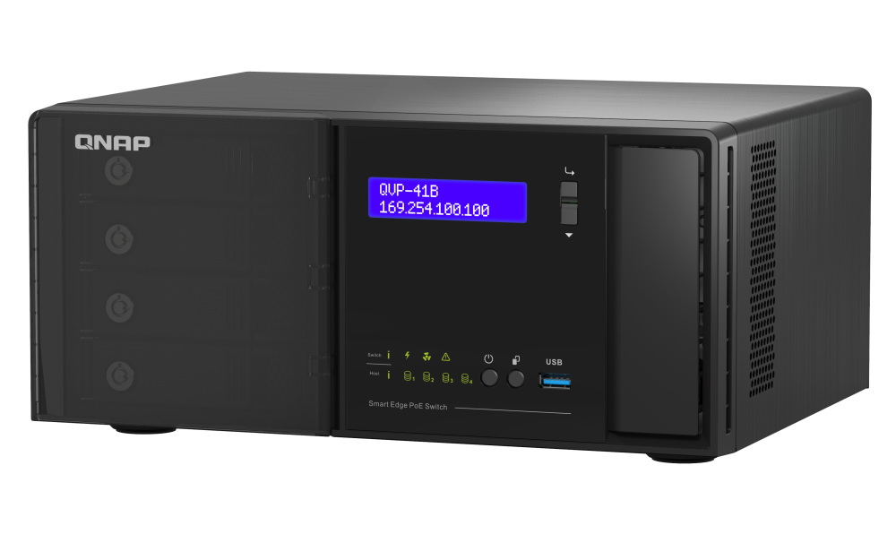 QNAP - QVP-41B-8G-P-US - QNAP 4 Bay NVR, 8CH (Max Channels: 24), VMS built-in, IP Surveillance, HDMI output for local display, 14 1GbE RJ45 PoE ports, 2  1GbE Combo SFP/RJ45 Combo Ports. 2 2.5 GbE RJ45 Port