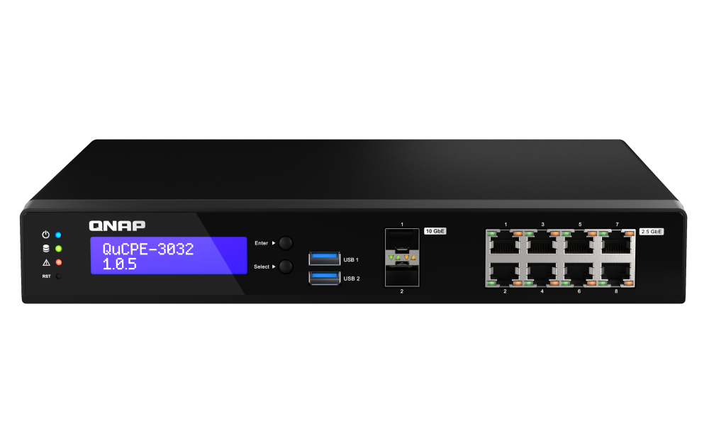 QNAP - QuCPE-3032-C3558R-8G-US - Desktop 10 Port uCPE QuCPE-3032-C3558R-8G Intel Atom C3558R 4C 2.4GHz, 8GB DDR4 RAM, 2 x M.2 2280 NVMe slots, 2