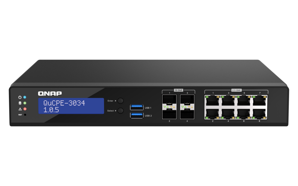 QNAP - QuCPE-3034-C3758R-16G-US - Desktop 12 Port uCPE QuCPE-3034-C3758R-16G-US Intel Atom C3758R 8C 2.4GHz, 16GB DDR4 RAM, 2 x M.2 2280 NVMe slots, 4