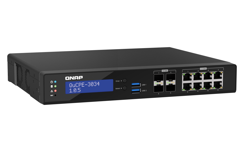 QNAP - QuCPE-3034-C3758R-16G-US - Desktop 12 Port uCPE QuCPE-3034-C3758R-16G-US Intel Atom C3758R 8C 2.4GHz, 16GB DDR4 RAM, 2 x M.2 2280 NVMe slots, 4