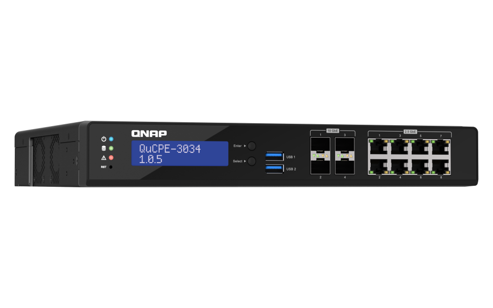 QNAP - QuCPE-3034-C3758R-16G-US - Desktop 12 Port uCPE QuCPE-3034-C3758R-16G-US Intel Atom C3758R 8C 2.4GHz, 16GB DDR4 RAM, 2 x M.2 2280 NVMe slots, 4
