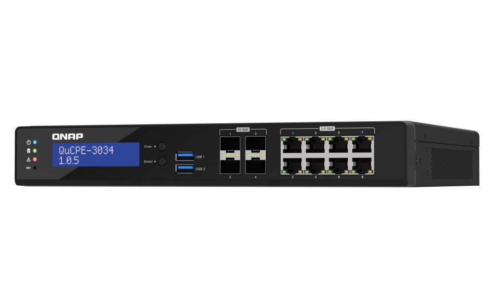 QNAP - QuCPE-3034-C3758R-16G-US - Desktop 12 Port uCPE QuCPE-3034-C3758R-16G-US Intel Atom C3758R 8C 2.4GHz, 16GB DDR4 RAM, 2 x M.2 2280 NVMe slots, 4