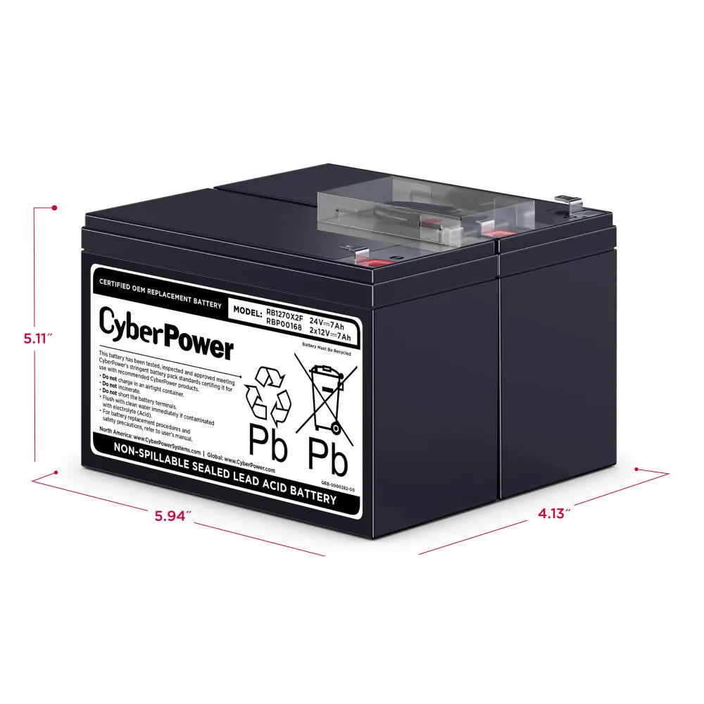 CYBERPOWER - RB1270X2F - Replacement Battery Cartridge for PR750LCD3C, 2 batteries, 12V/7AH, Sealed lead-acid, 18 month warranty