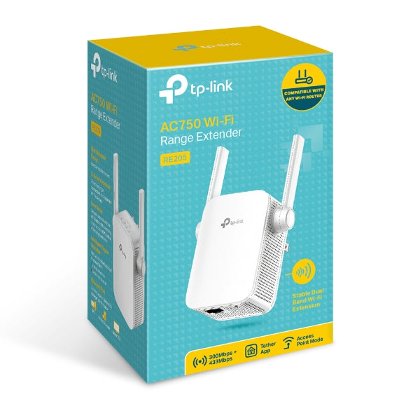 TP-Link - RE205 - AC750 WRLS RANGE EXTENDER ACCS W/ TWO EXTERNAL ANTENNA
