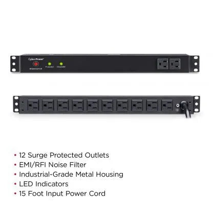 CYBERPOWER - RKBS15S2F10R - 3600 J, 120 V, NEMA 5-15P plug, 12 NEMA 5-15R (2 front, 10 rear), 15 ft cord, Limited lifetime warranty