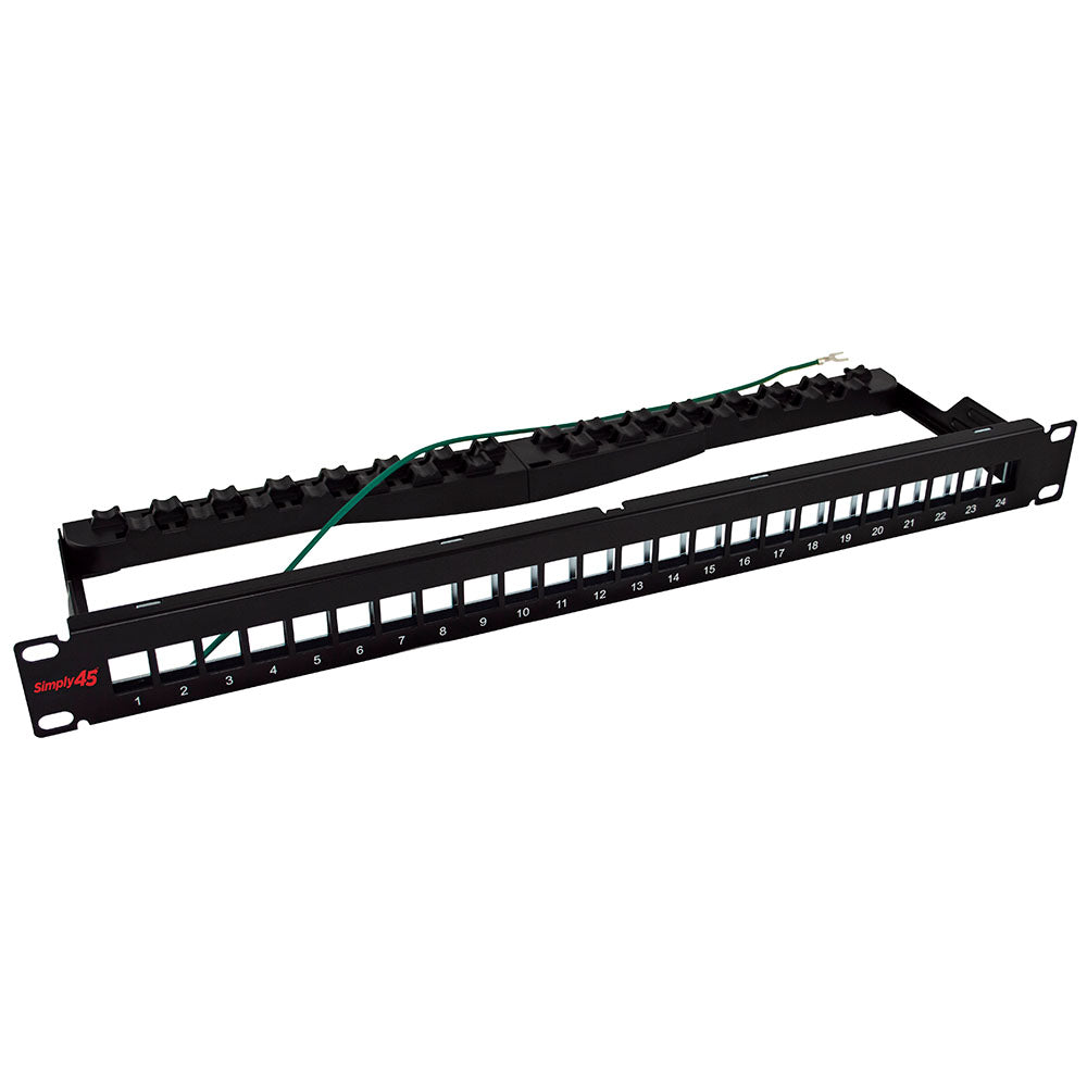Simply 45 - S45-2024SU - 24 Port Unloaded STP Keystone Patch Panel, 1RU, Cable Management Bracket, Cable Ties and Rack Screws. 1ea/box