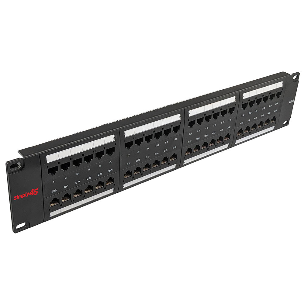Simply 45 - S45-2548 - 48 Port Loaded UTP Cat5e Patch Panel, 2RU, 110 style, Cable Management Bracket, Cable Ties and Rack Screws. 1ea/box