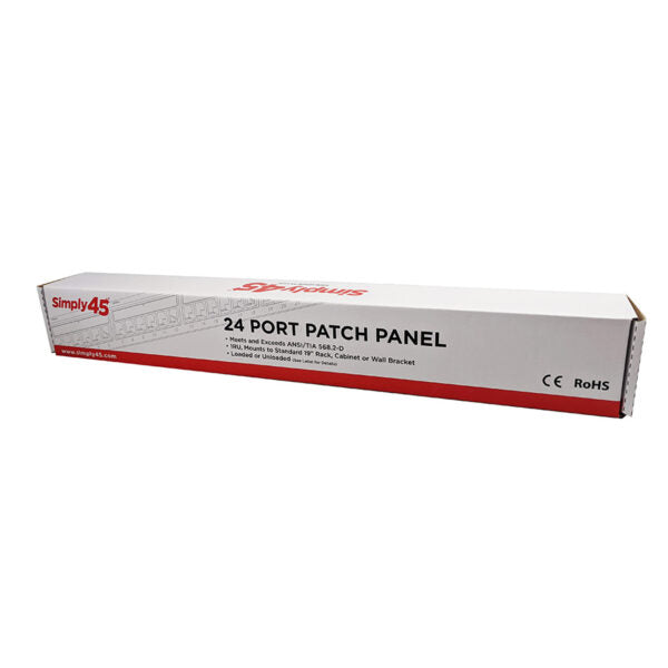Simply 45 - S45-2624 - 24 Port Loaded UTP Cat6 Patch Panel, 1RU, 110 style, Cable Management Bracket, Cable Ties and Rack Screws. 1ea/box