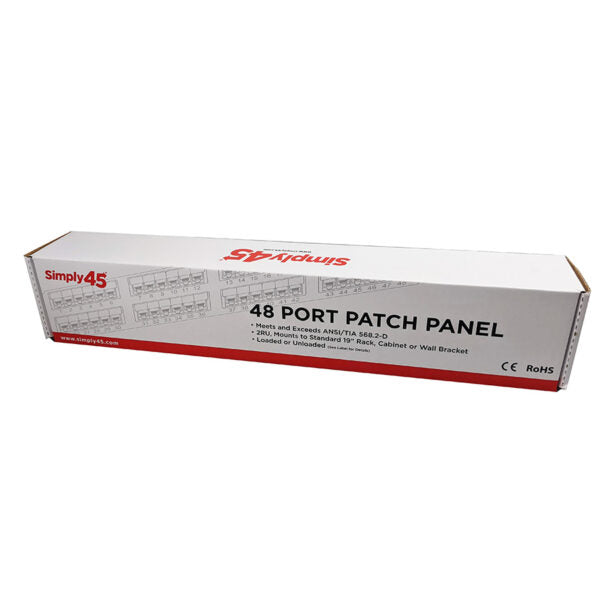 Simply 45 - S45-2648 - 48 Port Loaded UTP Cat6 Patch Panel, 2RU, 110 style, Cable Management Bracket, Cable Ties and Rack Screws. 1ea/box