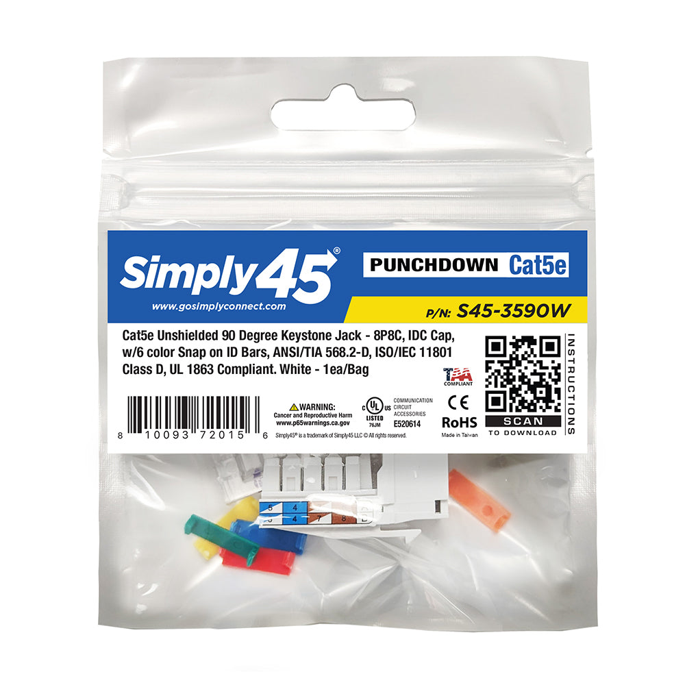 Simply 45 - S45-3590W - Cat5e UTP 90° White Keystone 110 Style, Dust Cover, IDC Cap, UL Listed