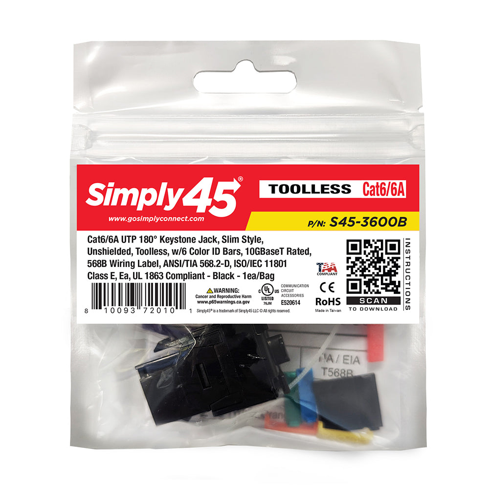 Simply 45 - S45-3600B-25 - Cat6/6A UTP 180° Black Keystone Jack, Toolless, Connector Dust Cover - 25/Pack