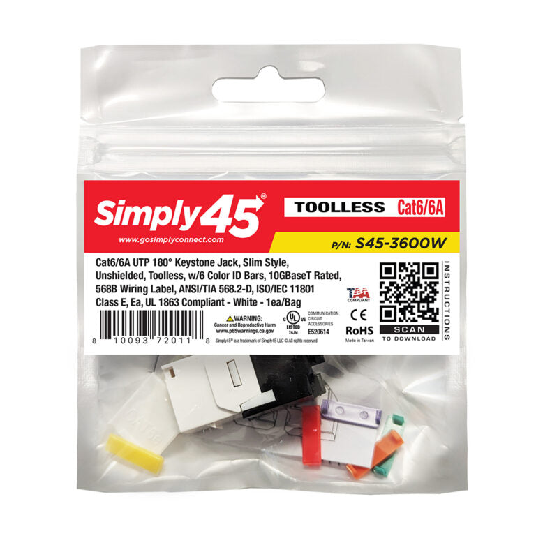 Simply 45 - S45-3600W-25 - Cat6/6A UTP 180° White Keystone Jack - 25/Pack