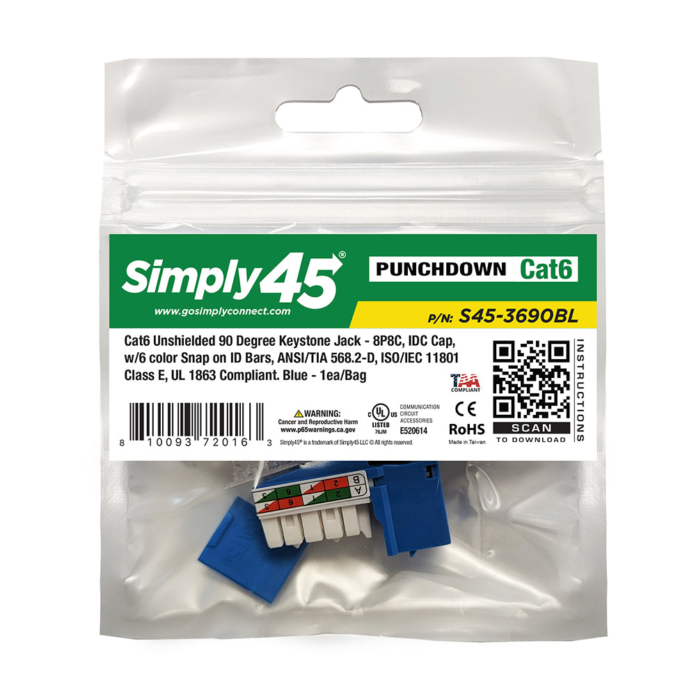 Simply 45 - S45-3690BL-25 - Cat6 UTP 90° Blue Keystone 110 Style, Dust Cover, IDC Cap - 25/Pack