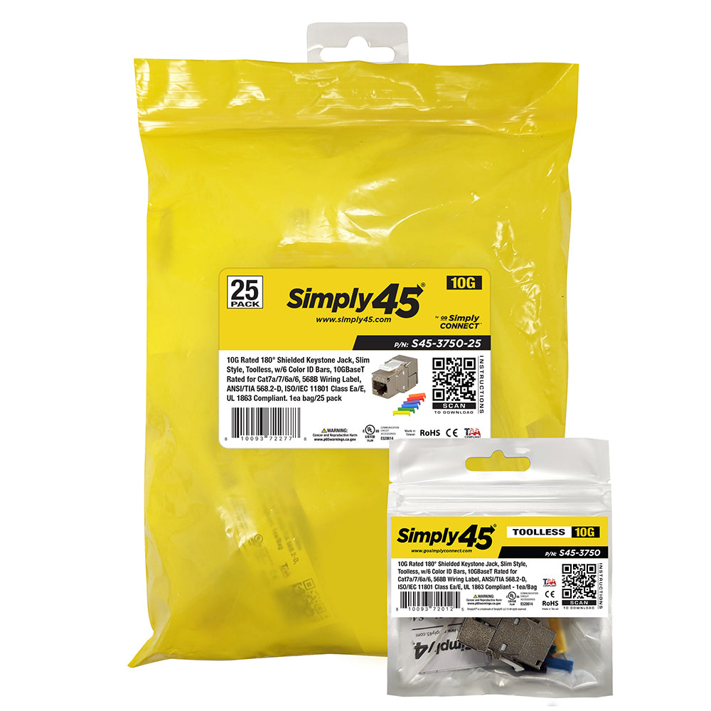 Simply 45 - S45-3750-25 - 10GBaseT STP 180° Shielded Keystone Jack (Toolless) for Cat7a/6a/7, w/6 1ea/Bag, 25/Pack