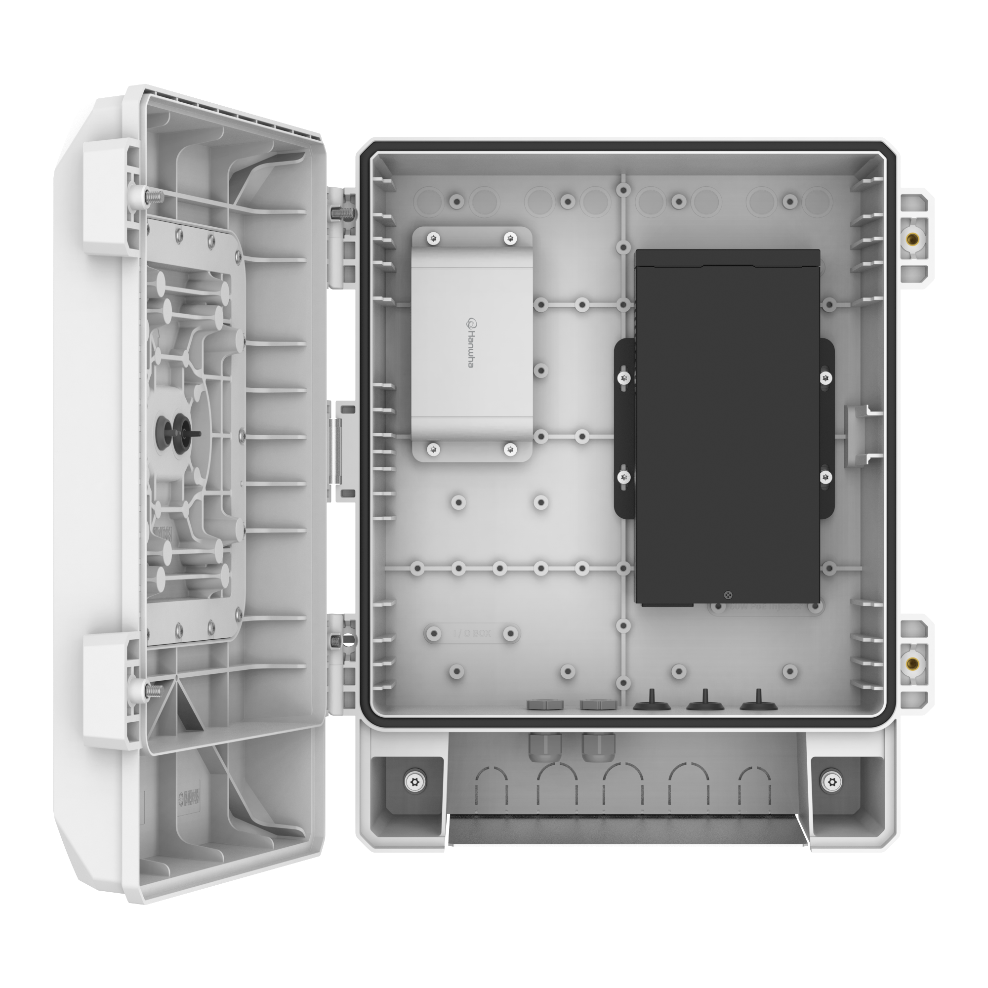 Hanwha - SBP-150NBW - Installation Cabinet compatible with
 1. Camera Direct: QNV-C8083R/C9083R, XND-C6083RV/C7083RV/C8083RV/C9083RV, XNV-C6083R/C7083R/C8083R/C9083R, XND-6083RV/8083RV/9083RV, XNV-6083R/8083R/8093R/9083R
 2. SBP-156WMW , SBP-250WMW, 