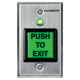 SECO-LARM - SD-7623-GSTQ - Illuminated green 2" square RTE plate with dual-color LED (red or green) and timer (1~180 sec). "PUSH TO EXIT" message can be replaced with included "PRESIONE PARA SALIR" message. NO/NC contact rated 5A@125VAC. 12~24 VDC. E