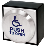 SECO-LARM - SD-7983-SSHQ - Large 4.5” Round Push Plate with Stainless steel button with the International Symbol of Access and “PUSH TO OPEN”. Includes surface-mount plastic back box for easy RF (wireless upgrade).
