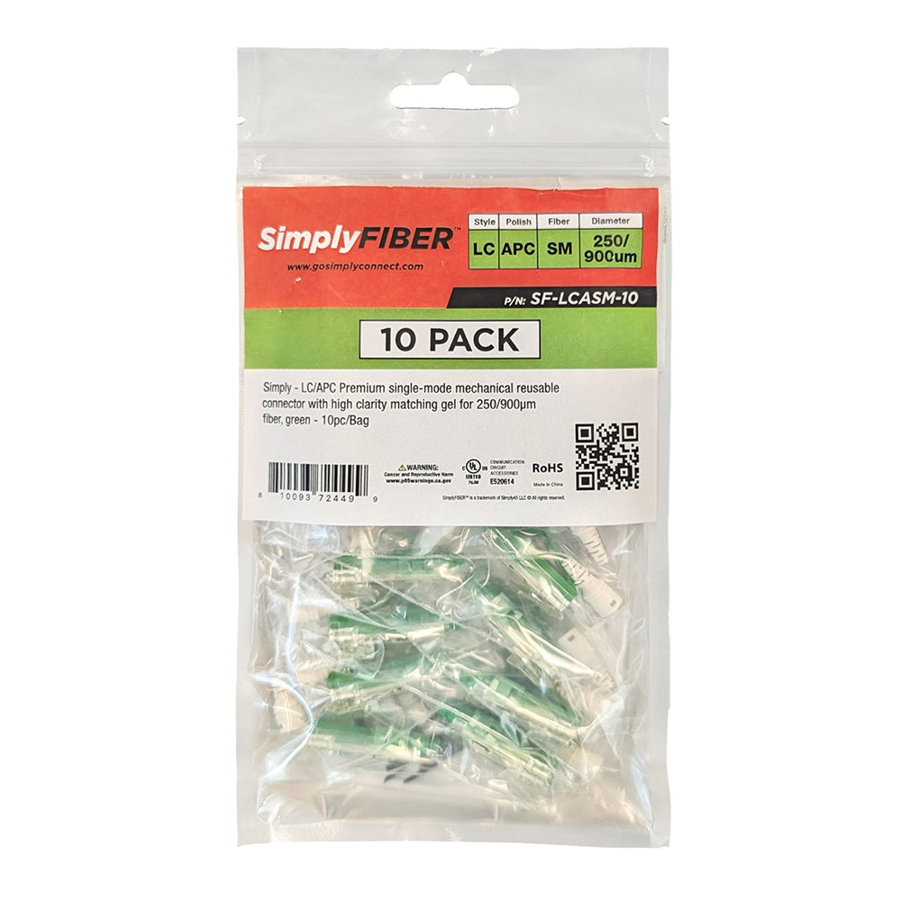 GoSimplyConnect - SF-LCASM-10 - LC/APC single-mode mechanical connector with high clarity matching gel for 250/900µm fiber, green - 10ea/Bag
