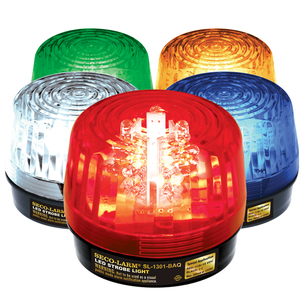 SECO-LARM - SL-1301-BAQ/A - 9~24 VAC/VDC LED Strobe Light. Incorporates 32 LEDs. 50,000-Hour operating life. 8 different flash patterns. Adjustable flashing speed. Indoor/outdoor use. Amber lens.