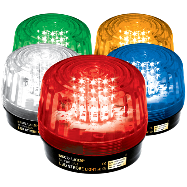SECO-LARM - SL-1301-SAQ/R - 10~24 VDC LED Strobe Light with built in programable siren. Incorporates 54 LEDs. 50,000-Hour operating life. Six different flash patterns. Adjustable flashing speed. Indoor/outdoor use. Red lens.