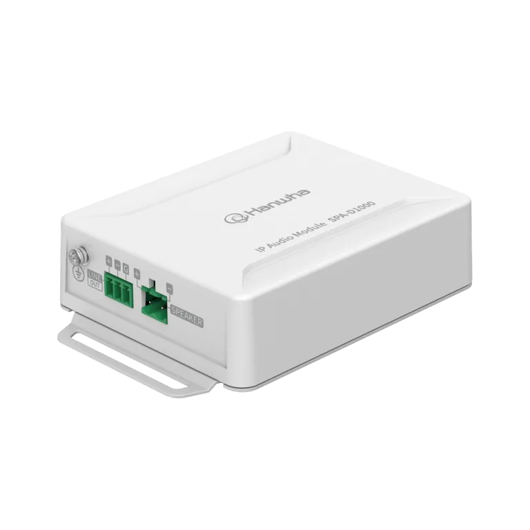 Hanwha - SPA-D1000 - IP Audio Module, Scheduler, Background Music, Text To Speech, 10W / 8 Ohm Analog Speaker Output, 1GB Internal Storage, Single Micro SD slot (Up to 32GB), Built in Relay, SUNAPI, Onvif, SIP, P2P-SIP, PoE, PoE+