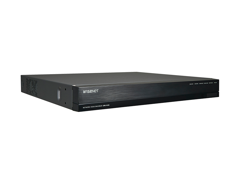 Hanwha - SPE-1610 - Encoder, 16CH H.264/MJPEG, 30fps @ 2MP or lower and 15 fps @ 4MP, AHD/CVI/TVI/CVBS compatible, RS-485/422 Interface, Pelco C when using CVBS or ACP up-coax protocol @ AHD, ONVIF protocol support, HDMI output, I/O 16/4, Audio in/ou