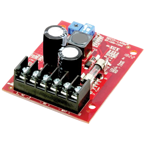 SECO-LARM - ST-1206-1.5AQ - Power Supply Charger. Provides 6 or 12 VDC regulated output at 1.5A continuous and 2A peak.