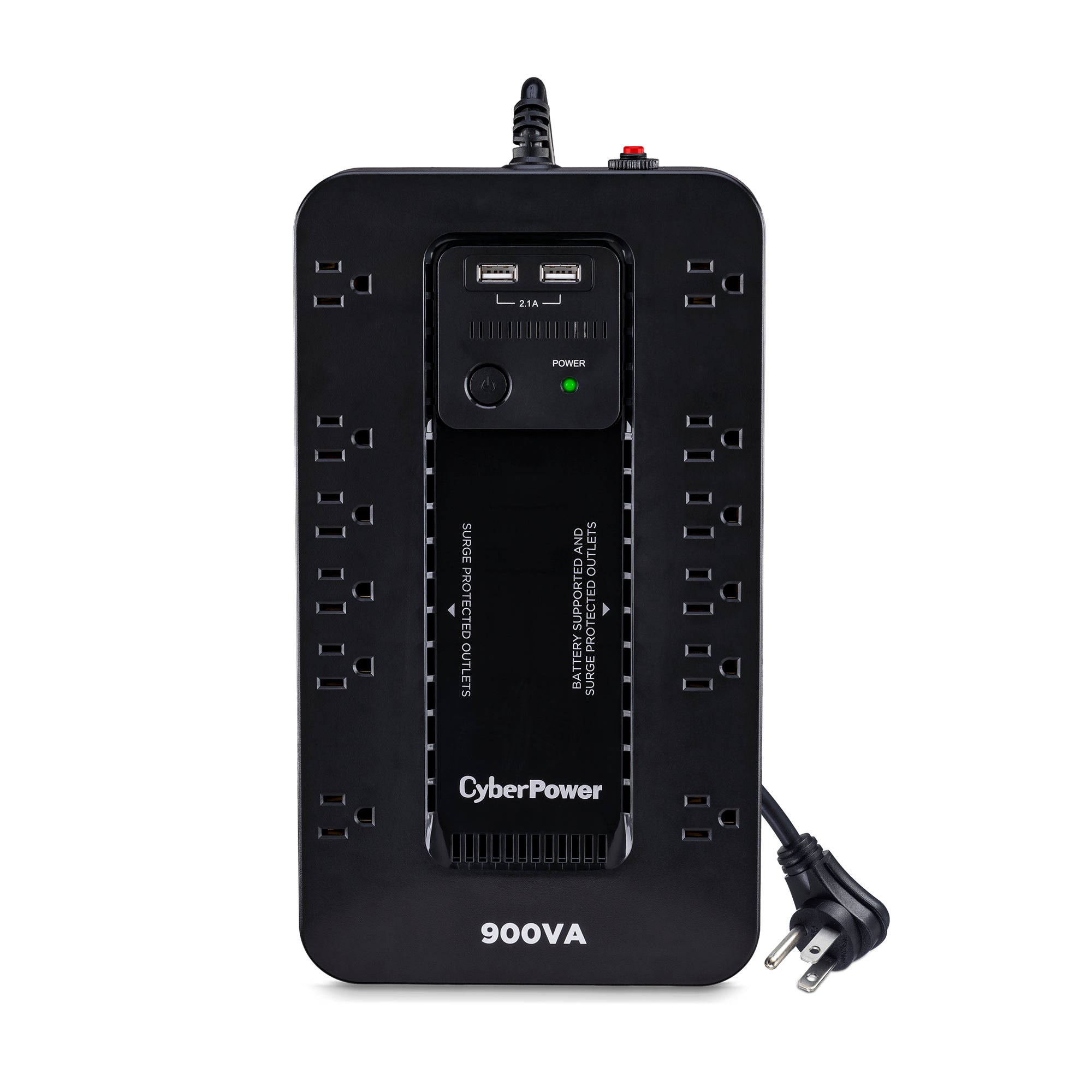 CYBERPOWER - ST900U - 900VA/500W, Standby UPS, Compact, 120V, (12) NEMA 5-15R, 2xUSB Charge Ports (2.1A Shared), 5Ft Cord, PowerPanel Personal Software, 3-Yr Warranty
