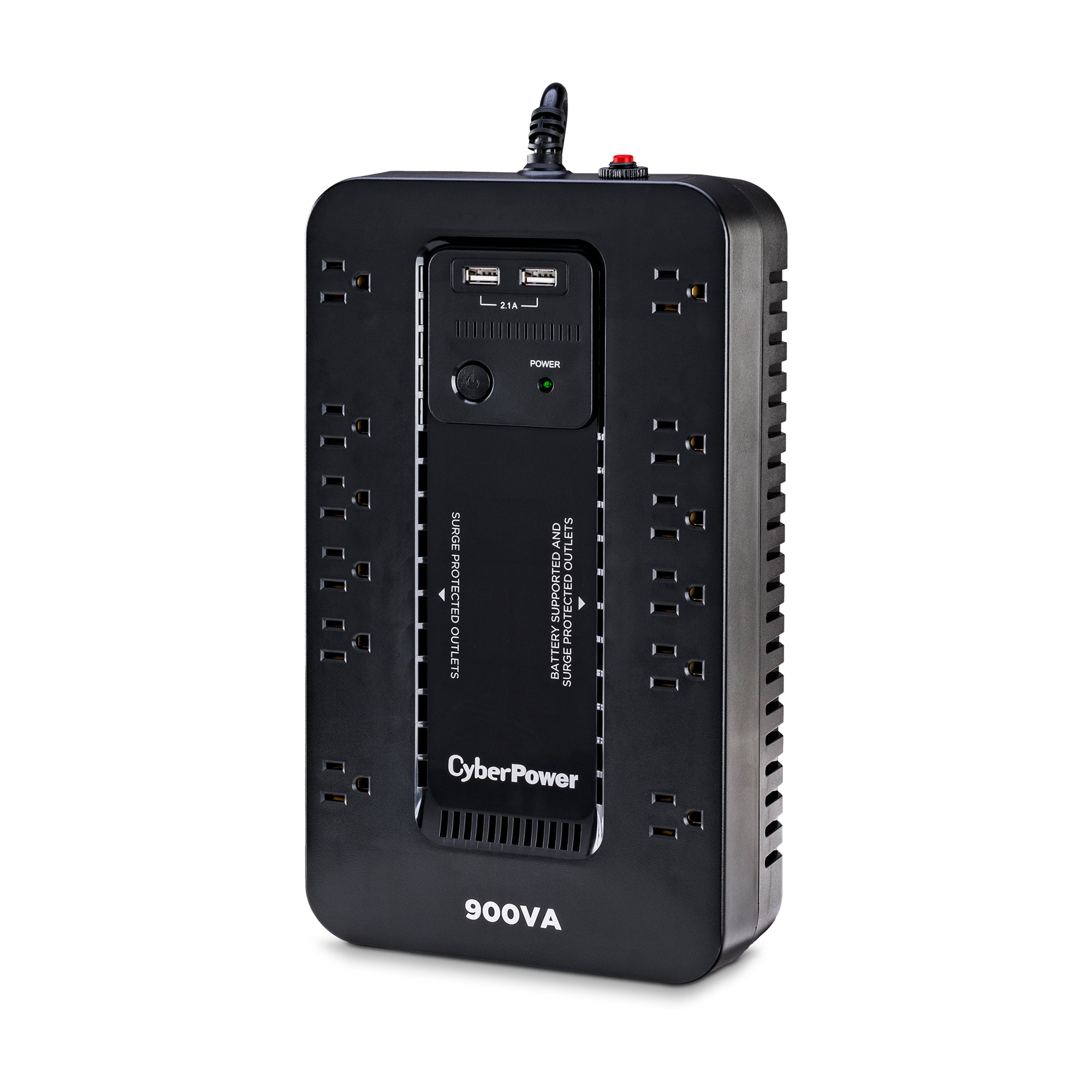 CYBERPOWER - ST900U - 900VA/500W, Standby UPS, Compact, 120V, (12) NEMA 5-15R, 2xUSB Charge Ports (2.1A Shared), 5Ft Cord, PowerPanel Personal Software, 3-Yr Warranty