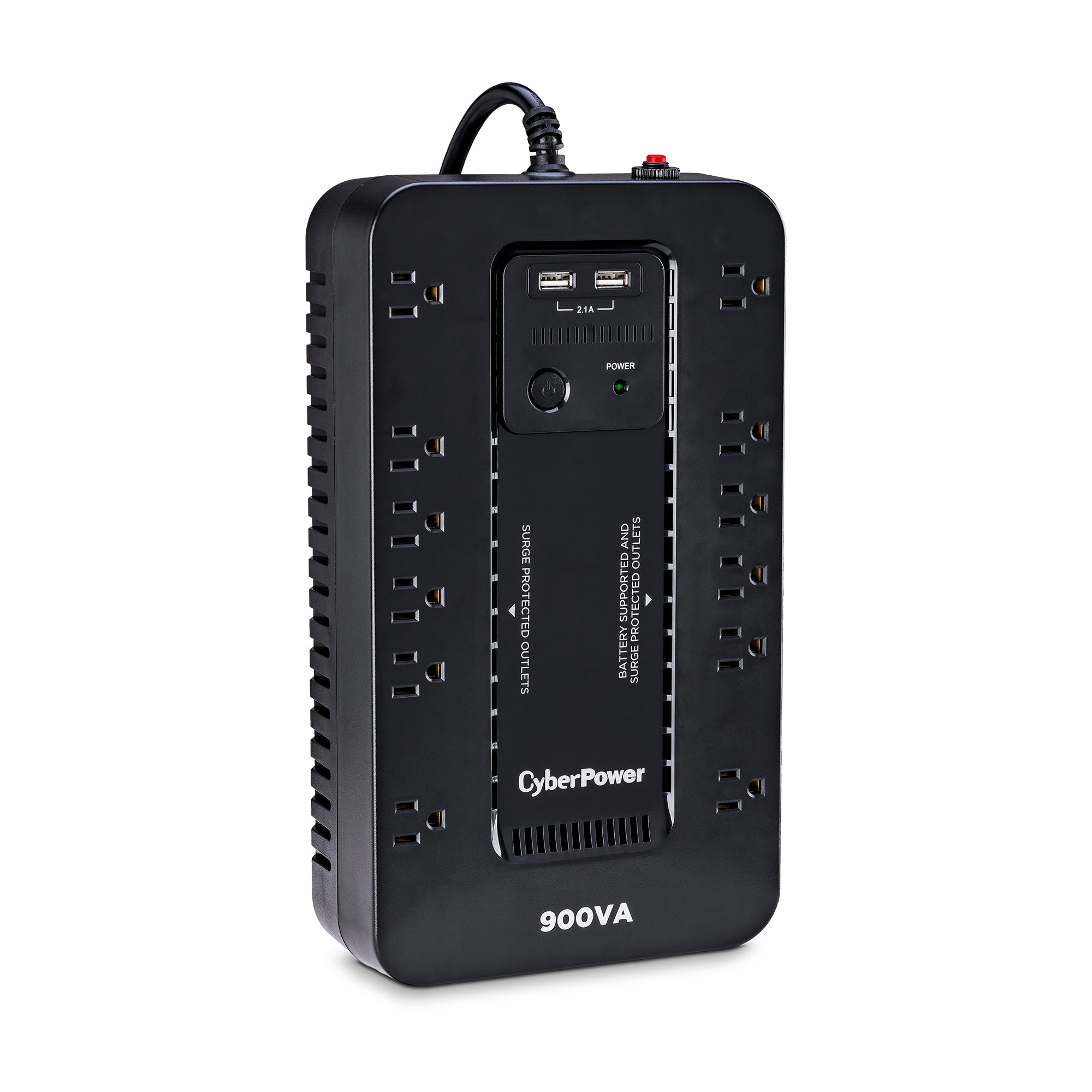 CYBERPOWER - ST900U - 900VA/500W, Standby UPS, Compact, 120V, (12) NEMA 5-15R, 2xUSB Charge Ports (2.1A Shared), 5Ft Cord, PowerPanel Personal Software, 3-Yr Warranty