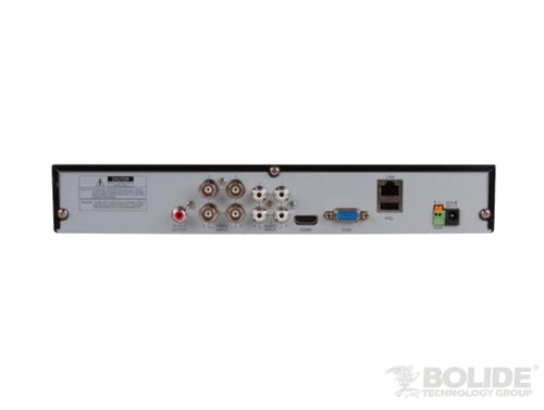 BOLIDE - SVR9504H/NDAA - 4-Channel H.265 5MP HD Over Coax / IP Hybrid DVR, Supports AHD / TVI / CVI/ Analog Formats, 10Mbps IP Throughput, 4K Output, HDMI and VGA, 4-Channel Audio In/ 1-Channel Audio Out, 1 SATA Hard Drive Bay Up to 12TB, QuickConnec