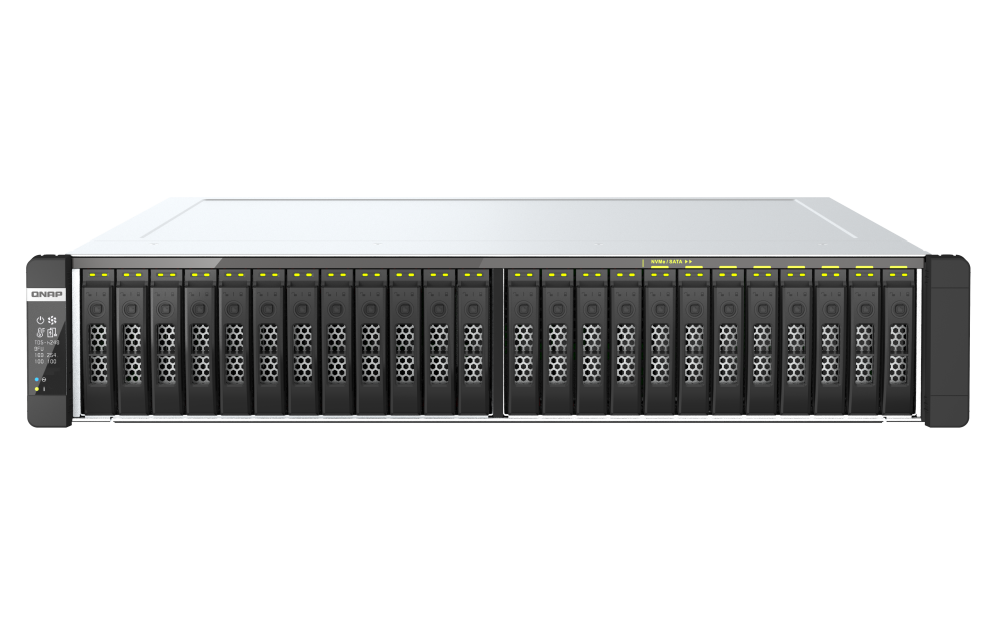 QNAP - TDS-h2489FU-4309Y-64G-US - QNAP 24-Bay 2U all-flash NAS, NVMe Gen 4 x4, Dual Intel Xeon Silver 4309Y processor (up to 3.6 GHz), 64GB RDIMM ECCC DDR4 RAM, 4 x 2.5GbE LAN, 2 x 25GbE SFP28 SmartNIC port, 2 x PCIe expansion slot