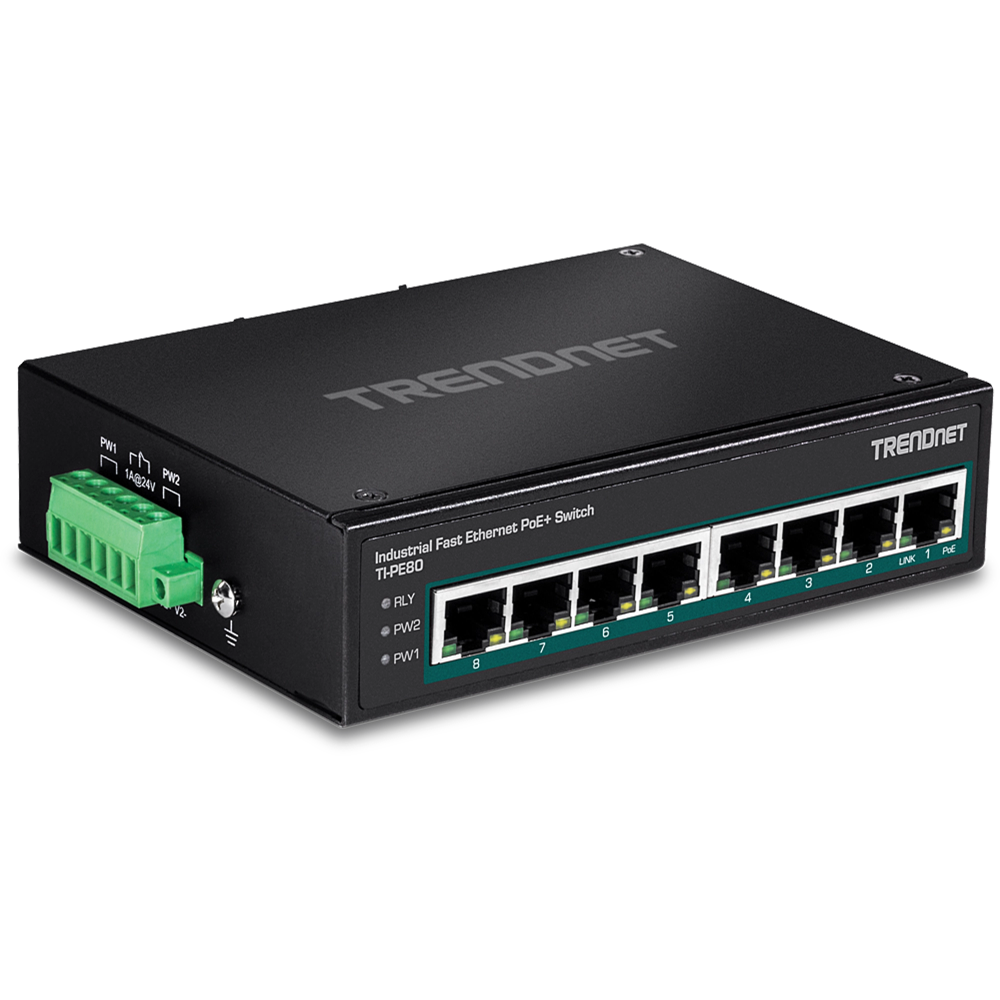 TRENDNET - TI-PE80 - 8-Port Industrial Fast Ethernet PoE+ DIN-Rail Switch