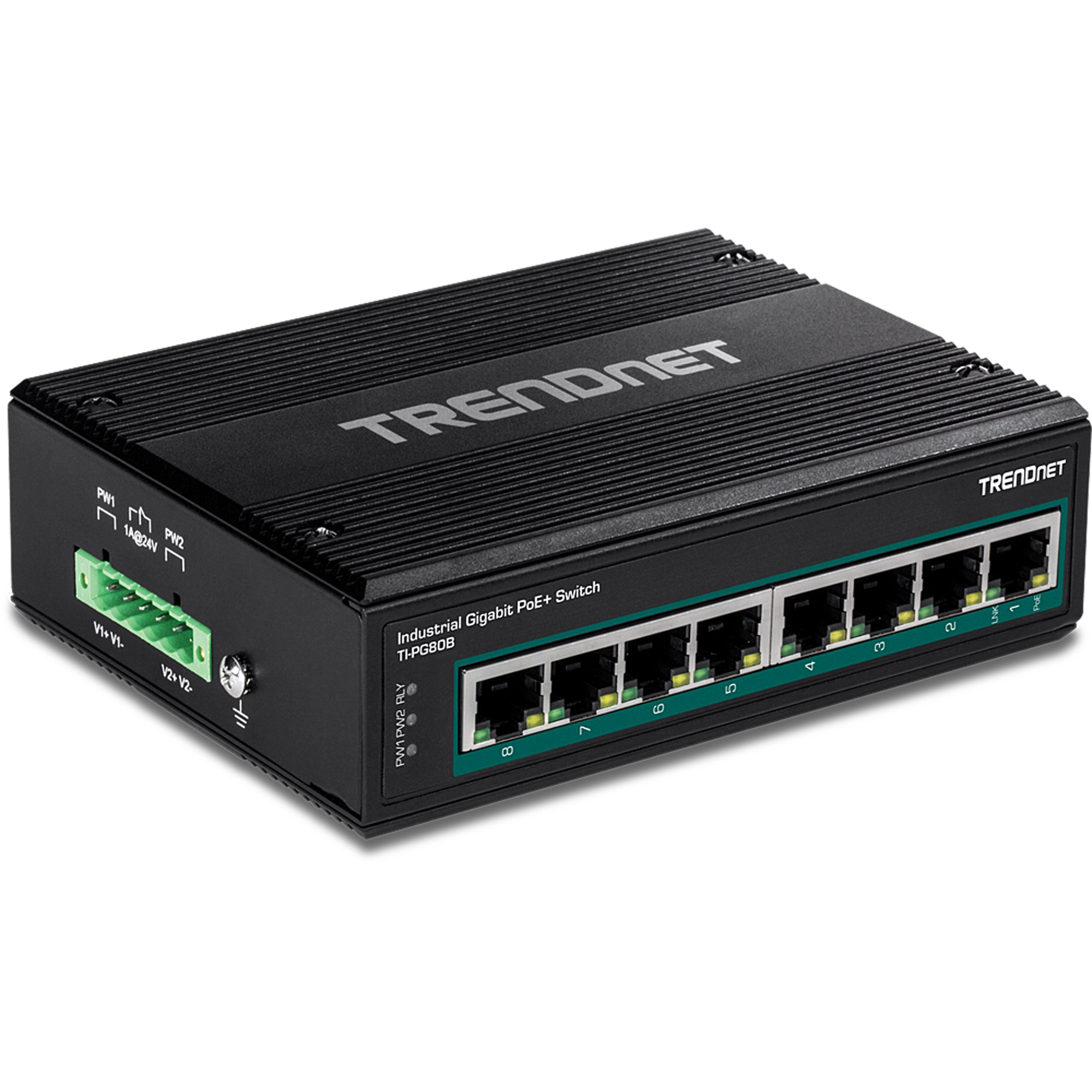 TRENDNET - TI-PG80B - 8-Port Industrial Gigabit PoE+ DIN-Rail Switch (24 - 56V)