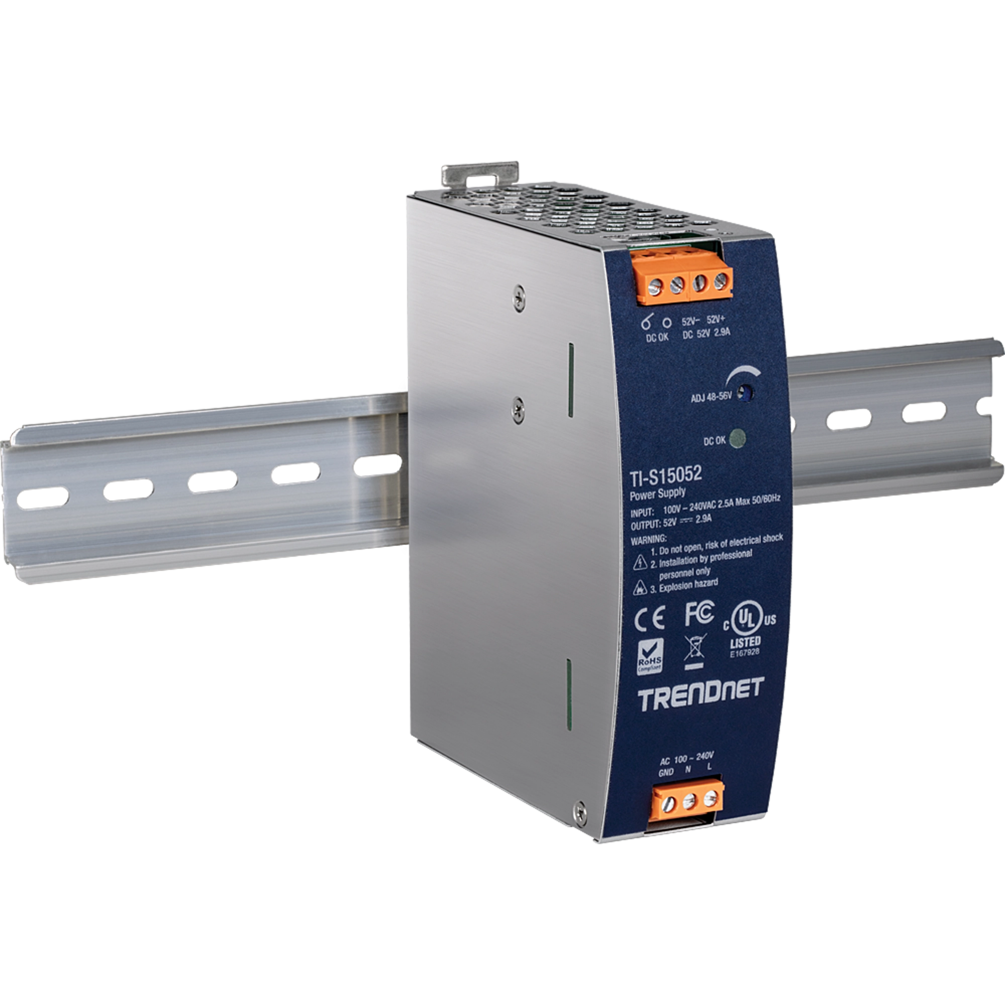 TRENDNET - TI-S15052 - 150W, 52V DC, 2.89A AC to DC DIN-Rail Power Supply with PFC Function