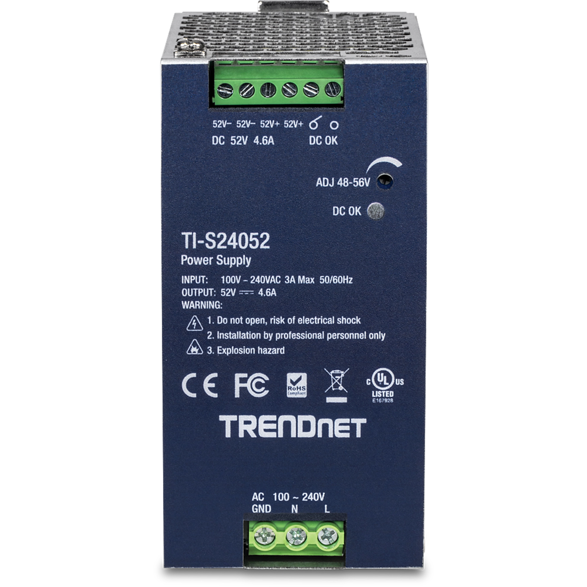 TRENDNET - TI-S24052 - 240W, 52V DC, 4.61A AC to DC DIN-Rail Power Supply with PFC Function