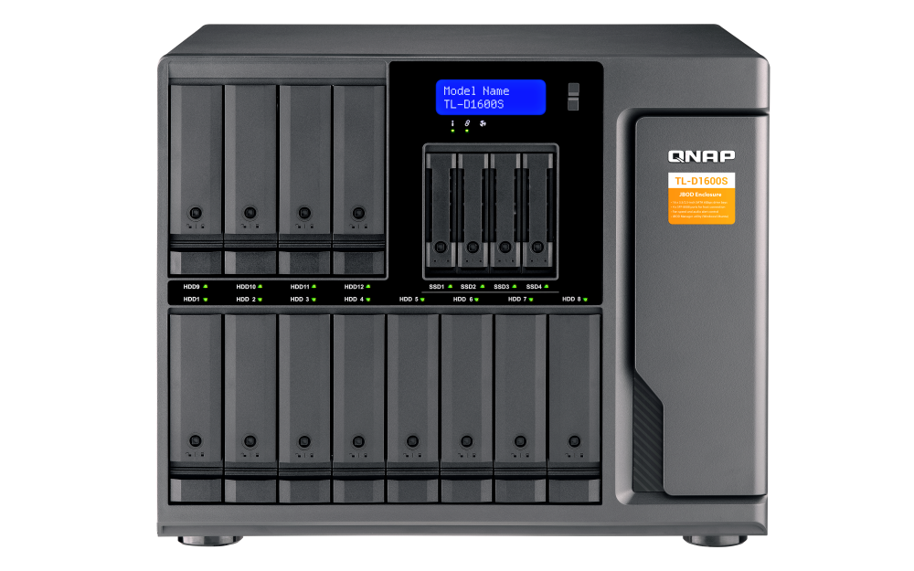 QNAP - TL-D1600S-US - 16-bay desktop SATA JBOD expansion unit with a QXP-1600eS PCIe SATA host card and 4 SFF-8088 to SFF-8644 SAS/SATA 6Gb/s external cables