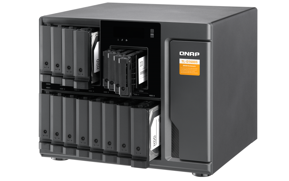 QNAP - TL-D1600S-US - 16-bay desktop SATA JBOD expansion unit with a QXP-1600eS PCIe SATA host card and 4 SFF-8088 to SFF-8644 SAS/SATA 6Gb/s external cables
