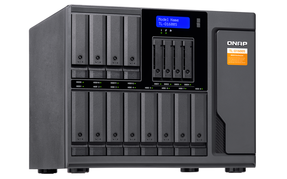 QNAP - TL-D1600S-US - 16-bay desktop SATA JBOD expansion unit with a QXP-1600eS PCIe SATA host card and 4 SFF-8088 to SFF-8644 SAS/SATA 6Gb/s external cables