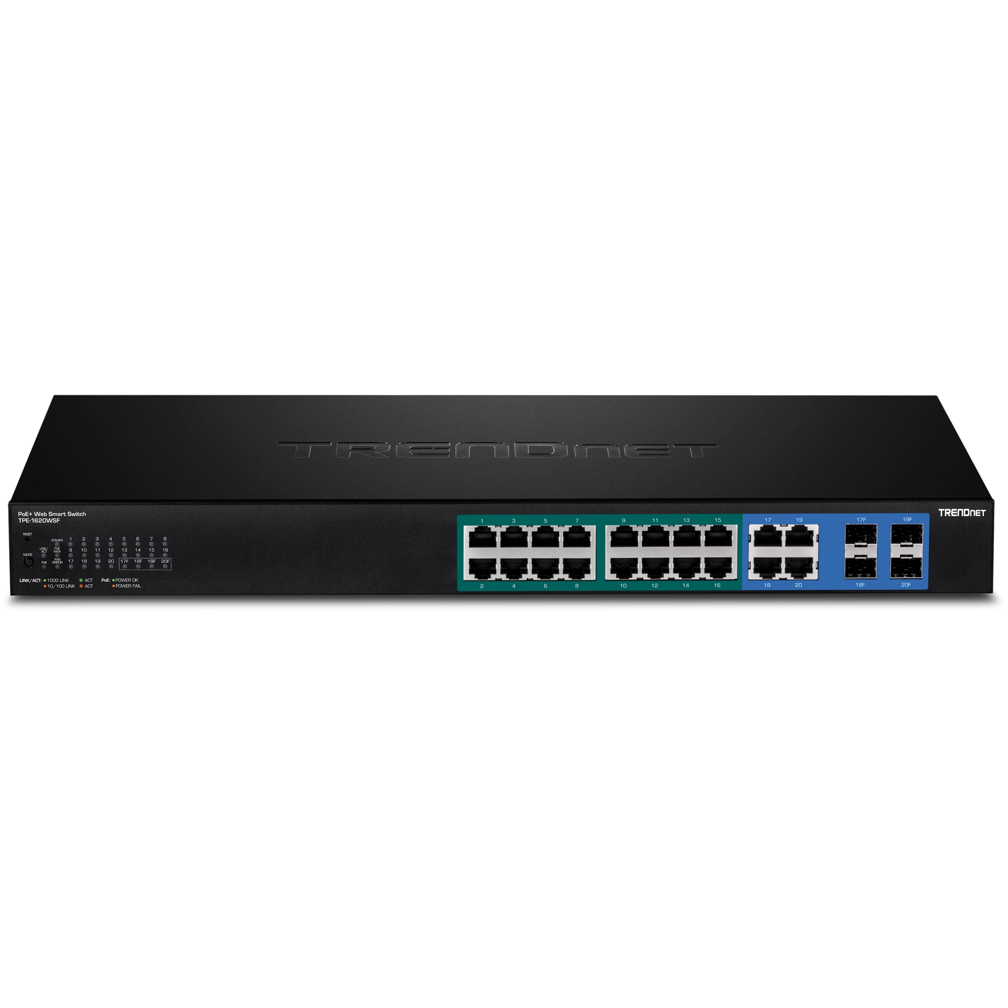 TRENDNET - TPE-1620WSF - 20-port Gigabit Web Smart POE+ Switch w/ 2 Shared SFP Slots  (16 PoE+, 2SFP) (370W)