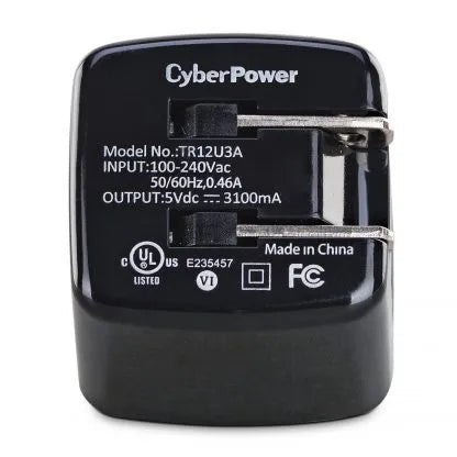 Cyber Power - TR12U3A - USB Wall Charger, 2 USB, 3.1A, Folding AC plug, LED Power Indicator, 1 Year Warranty