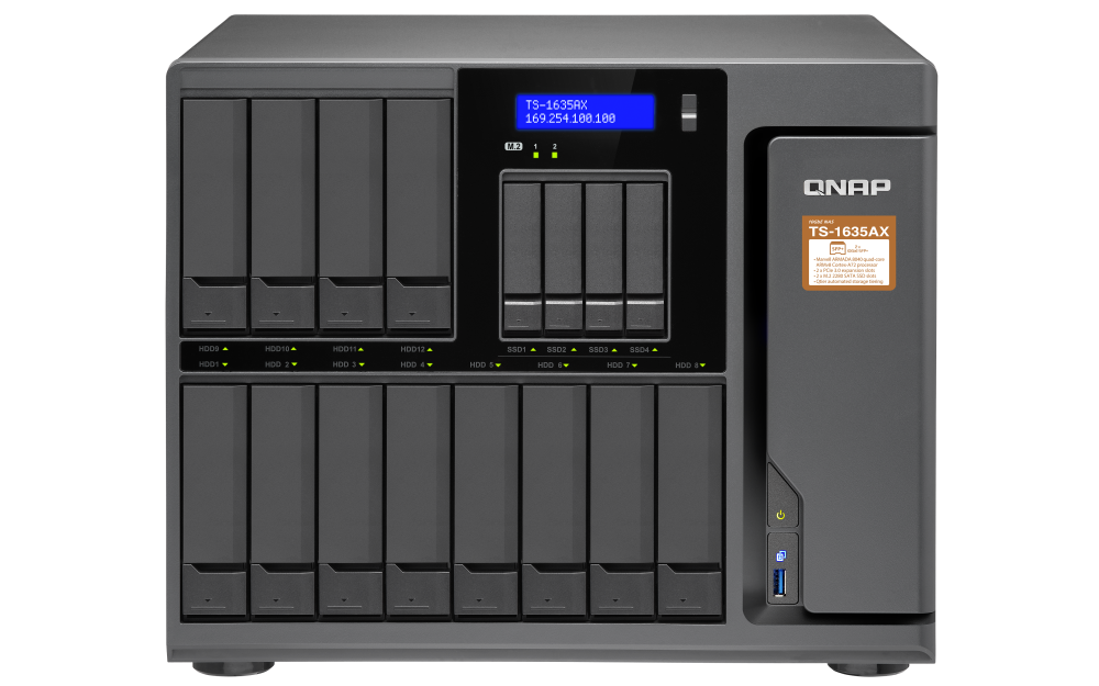 QNAP - TS-1635AX-8G-US - QNAP TS-1635AX (8GB RAM version) 12+4 bay high-capacity 10G NAS with auto data tiering. Marvell ARMADA 8040 quad-core 1.6GHz, 8GB DDR4 RAM (max 16GB)