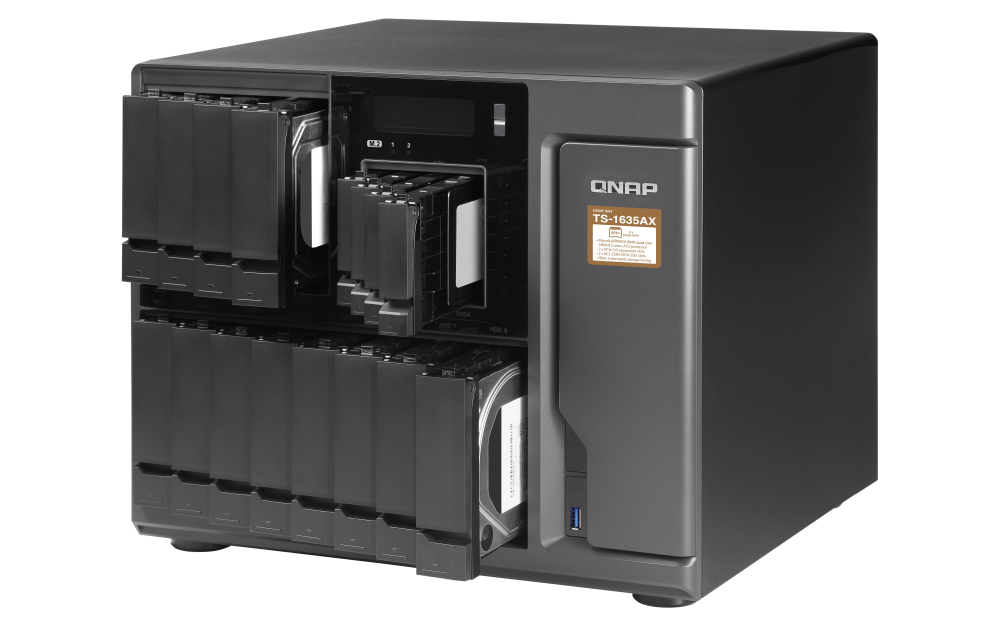 QNAP - TS-1635AX-8G-US - QNAP TS-1635AX (8GB RAM version) 12+4 bay high-capacity 10G NAS with auto data tiering. Marvell ARMADA 8040 quad-core 1.6GHz, 8GB DDR4 RAM (max 16GB)