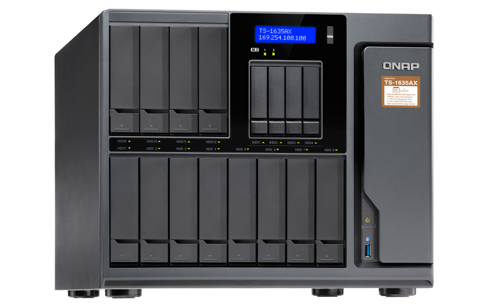 QNAP - TS-1635AX-8G-US - QNAP TS-1635AX (8GB RAM version) 12+4 bay high-capacity 10G NAS with auto data tiering. Marvell ARMADA 8040 quad-core 1.6GHz, 8GB DDR4 RAM (max 16GB)