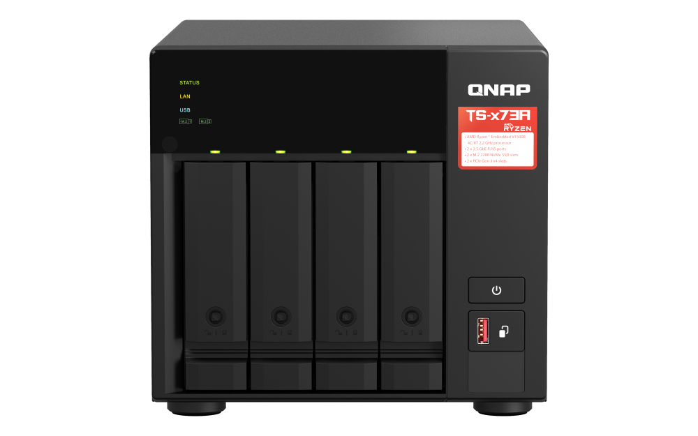 QNAP - TS-473A-8G-US - QNAP Desktop 4-bay NAS/iSCSI IP-SAN, AMD Ryzen V1000 series V1500B 4C/8T 2.2 GHz, 8GB RAM, two 2.5GbE, 10G-ready