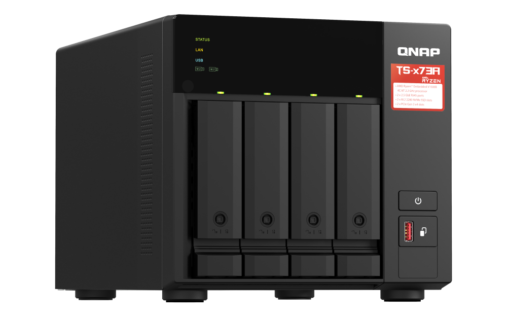 QNAP - TS-473A-8G-US - QNAP Desktop 4-bay NAS/iSCSI IP-SAN, AMD Ryzen V1000 series V1500B 4C/8T 2.2 GHz, 8GB RAM, two 2.5GbE, 10G-ready